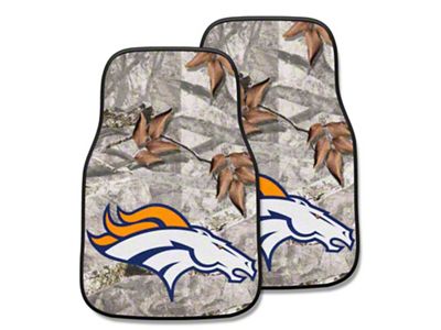 Carpet Front Floor Mats with Denver Broncos Logo; Camo (Universal; Some Adaptation May Be Required)