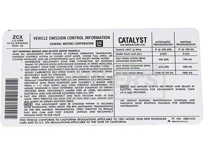 El Camino Emission Decal, 305 c.i. 5.0 Automatic Transmission, California Code ZCX, 1987