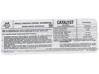 El Camino Emission Decal, 350 c.i. 4 Barrel 5.7 , California Emissions, Automatic Or Manual Transmission, Code AZ, 1977