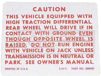 El Camino Interior Decal, Positraction Warning, 1971-1978