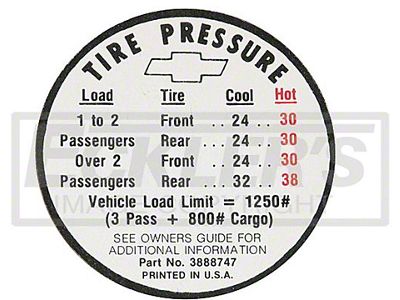 El Camino Tire Pressure Decal, 1966