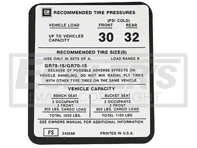 El Camino Tire Pressure Decal, 1974 -1976