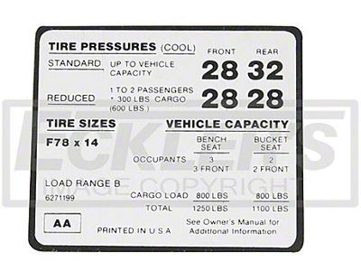 El Camino Tire Pressure Decal, El Camino & Sprint, 1972