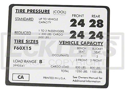 El Camino Tire Pressure Decal, Non Super Sport, 1971