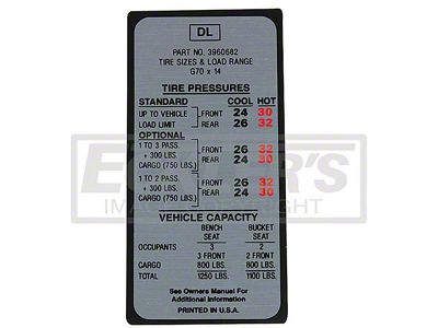 El Camino Tire Pressure Decal, Super Sport, 1969-1970