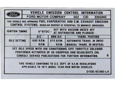 Emission Decal, 302-2V AT, Montego, 1971