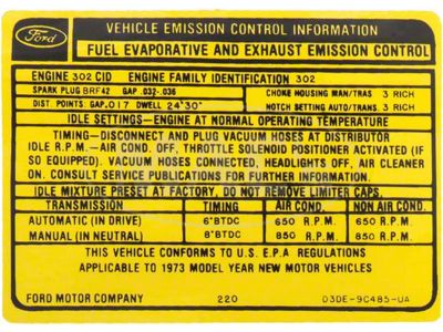 Emission Decal, 302-2V AT/MT, Montego, 1973