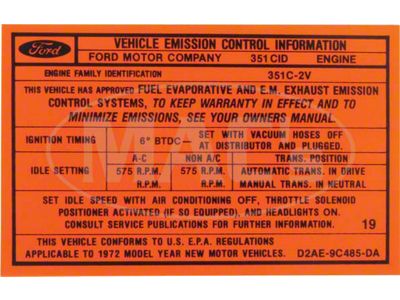 Emission Decal, 351-2V AT, Before 1-72 Orange, Montego, 1972