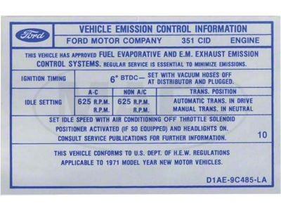 Emission Decal, 351-2V AT/MT, Montego, 1971