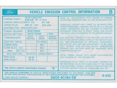 Emission Decal, 351-2V AT, Ranchero, Torino, 1976