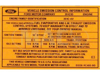 Emission Decal , 351-4V AT Late , Montego, 1972