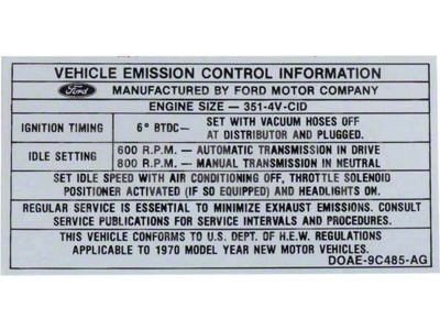 Emission Decal, 351-4V AT/MT After 1-1-70 , Montego, 1970