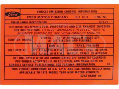 Emission Decal, 351C-2V AT/MT, Montego, 1972