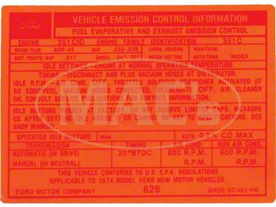 Emission Decal, 351C-4V AT, Montego, 1974