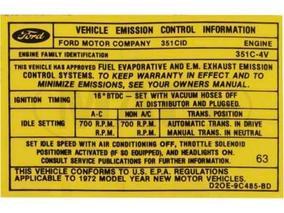 Emission Decal, 351C-4V AT/MT Early, Montego, 1972