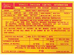 Emission Decal, 351C-4V, Ranchero, Torino, 1974