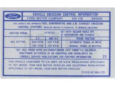 Emission Decal, 429-4V CJ AT/MT, Montego, 1971