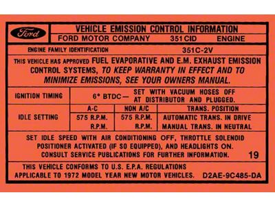 Emmissions Decal/ 351-2v A/t Before 1-1-72/ 72 Ford