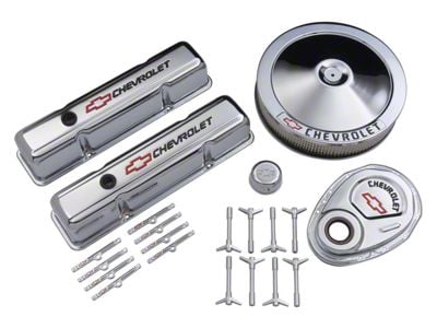 Engine Dress-Up Kit; Chrome w/Red Chevy Logo; Fits SB Block Chevy Engines