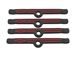 Engine Valve Cover Holdown Clamps; Black Crinkle w/Bowtie Logo; SB Chevy; 4 Pcs