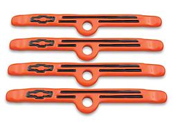 Engine Valve Cover Holdown Clamps; Orange with Black Bowtie Logo; SB Chevy; 4 Pc