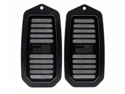 Billet Door Jamb Vents with FLAG logo; Black Anodized (70-92 Firebird)