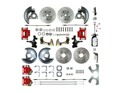 The Right Stuff Detailing Street Series Show N Go 4-Wheel Manual Disc Brake Conversion Kit with Chrome Brake Booster/Master Cylinder; Red Calipers (68-69 Firebird w/ Staggered Shocks)