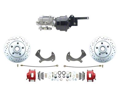 Front Disc Brake Conversion Kit with Drilled and Slotted Rotors and Proline Booster; Red Calipers (59-68 Galaxie, Galaxie 500, LTD)