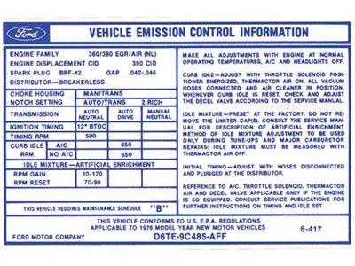 Ford Pickup Truck Emissions Decal - 390 - Automatic Transmission - D6TE-9C485-AFF