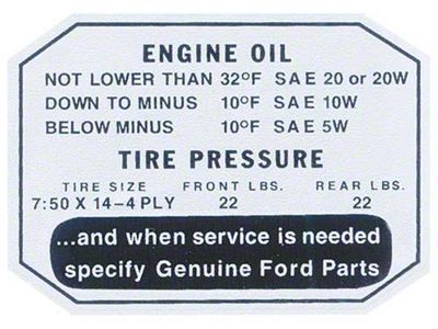 Ford Thunderbird Glove Box Decal, Engine Oil / Tire Pressure, 1957