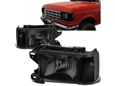 Factory Style Headlights with Clear Corners; Black Housing; Smoked Lens (87-91 F-150, F-250, F-350)