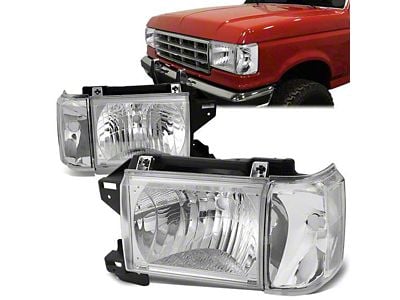 Factory Style Headlights with Clear Corners; Chrome Housing; Clear Lens (87-91 F-150, F-250, F-350)