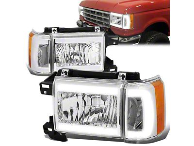 LED DRL Headlights with Amber Corners; Chrome Housing; Clear Lens (87-91 F-150, F-250, F-350)