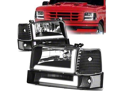 LED DRL Headlights with Clear Corners; Black Housing; Clear Lens (92-96 F-150, F-250, F-350)