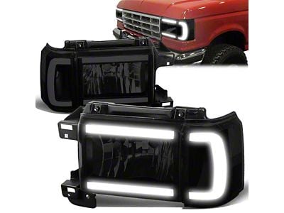 LED DRL Headlights with Clear Corners; Black Housing; Smoked Lens (87-91 F-150, F-250, F-350)