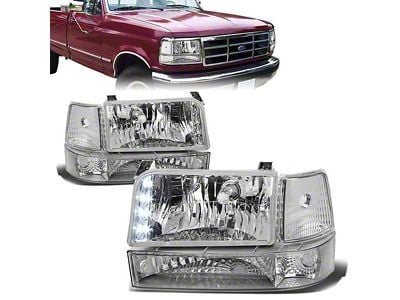 LED DRL Headlights with Clear Corners; Chrome Housing; Clear Lens (92-96 F-150, F-250, F-350)