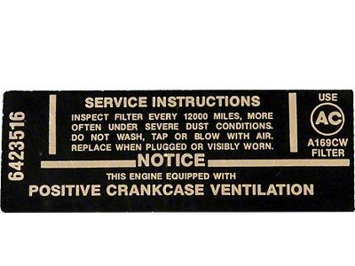 Full Size Chevy Air Cleaner Service Instructions Decal, 250ci/155hp, 1967