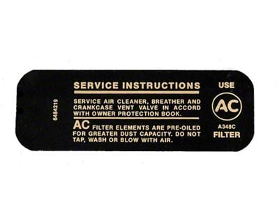 Full Size Chevy Air Cleaner Service Instructions Decal, 307ci/200hp, 1968