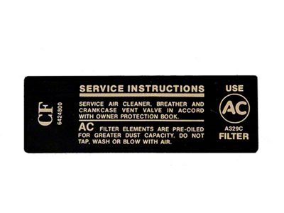 Full Size Chevy Air Cleaner Service Instructions Decal, 396ci/325hp, 1968