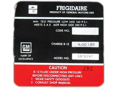 Full Size Chevy Air Conditioning Compressor Decal, Frigidaire, 1970