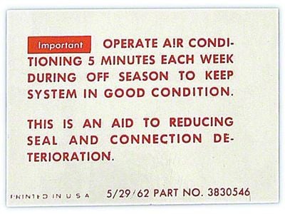 Full Size Chevy Conditioning Maintenance Instructions Decal, 1963