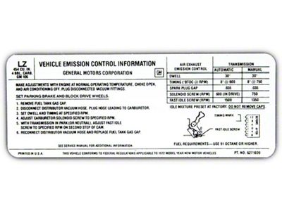 Full Size Chevy Emission Decal, 1972