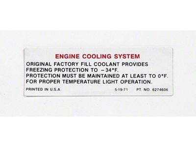 Full Size Chevy Engine Cooling System Warning Decal, 1971-1972