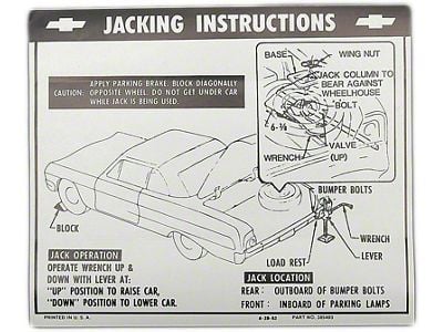 Full Size Chevy Jack Stowage & Jacking Instructions Sheet, Convertible, 1964 (Impala Convertible)