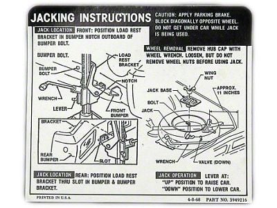 Full Size Chevy Jack Stowage & Jacking Instructions Sheet, Convertible, 1969 (Impala Convertible)