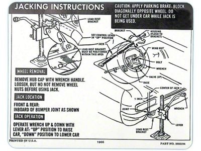 Full Size Chevy Jack Stowage & Jacking Instructions Sheet, Hardtop & Sedan, 1966