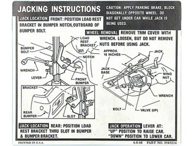 Full Size Chevy Jack Stowage & Jacking Instructions Sheets,Hardtop &Sedan, 1969