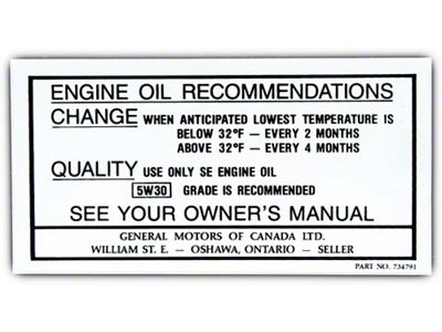 Full Size Chevy Oil Change Decal-Canada, 1968-1969