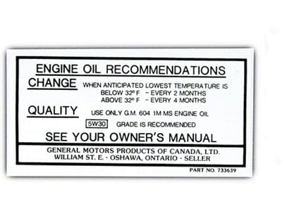 Full Size Chevy Oil Change Decal-Canada, 1969