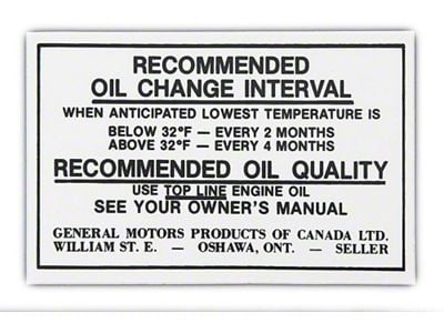 Full Size Chevy Oil Change Decal-Canada, 1970-1971